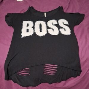 Soft Boss rhinestone shirt with ripped back and shoulder cut outs